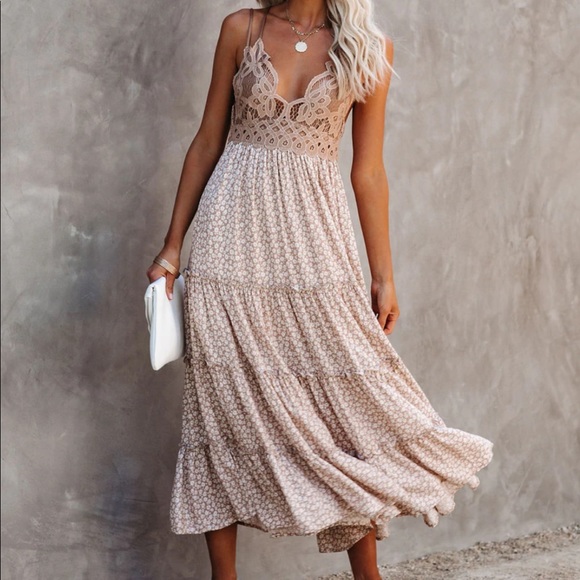 Vici Dresses & Skirts - Dusty Rose Lace Floral Midi Dress Adjustable Spaghetti Straps